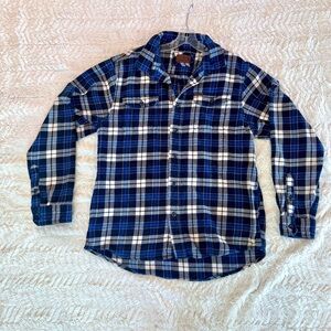 Orvis Big Bear Plaid Shacket Blue & White Button Up Sz L | Cozy Outdoor Layer